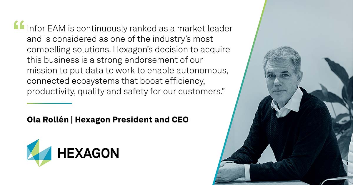 HexagonAB's tweet photo. President and CEO @OlaRollen shares his thoughts on our exciting acquisition announcement from this morning. ICYMI: Hexagon entered into an agreement to acquire @Infor’s EAM business. Read press release: https://t.co/WSENdclHpS
#EAM #AssetManagement #PuttingDatatoWork https://t.co/yfJ4wPLwRs