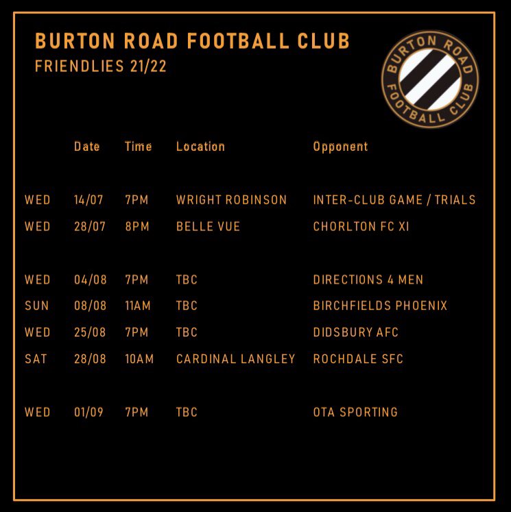 Friendlies over the coming weeks! 🤝 
<a href="/ChorltonFooty/">Chorlton FC</a> 
@Directionsform1 
<a href="/BPFC_17/">Birchfields Phoenix Football Club</a> 
<a href="/DidsburyAfc/">didsbury afc</a> 
<a href="/RochdaleS_FC/">Rochdale SFC</a>