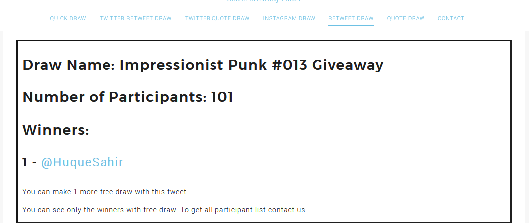 ImpressionPunks's tweet image. CONGRATULATIONS @HuqueSahir!! You are the lucky winner of our #giveaway event. Thank you everyone for joining!

#NFT #NFTcommunity #NFTcollector #NFTGiveaway