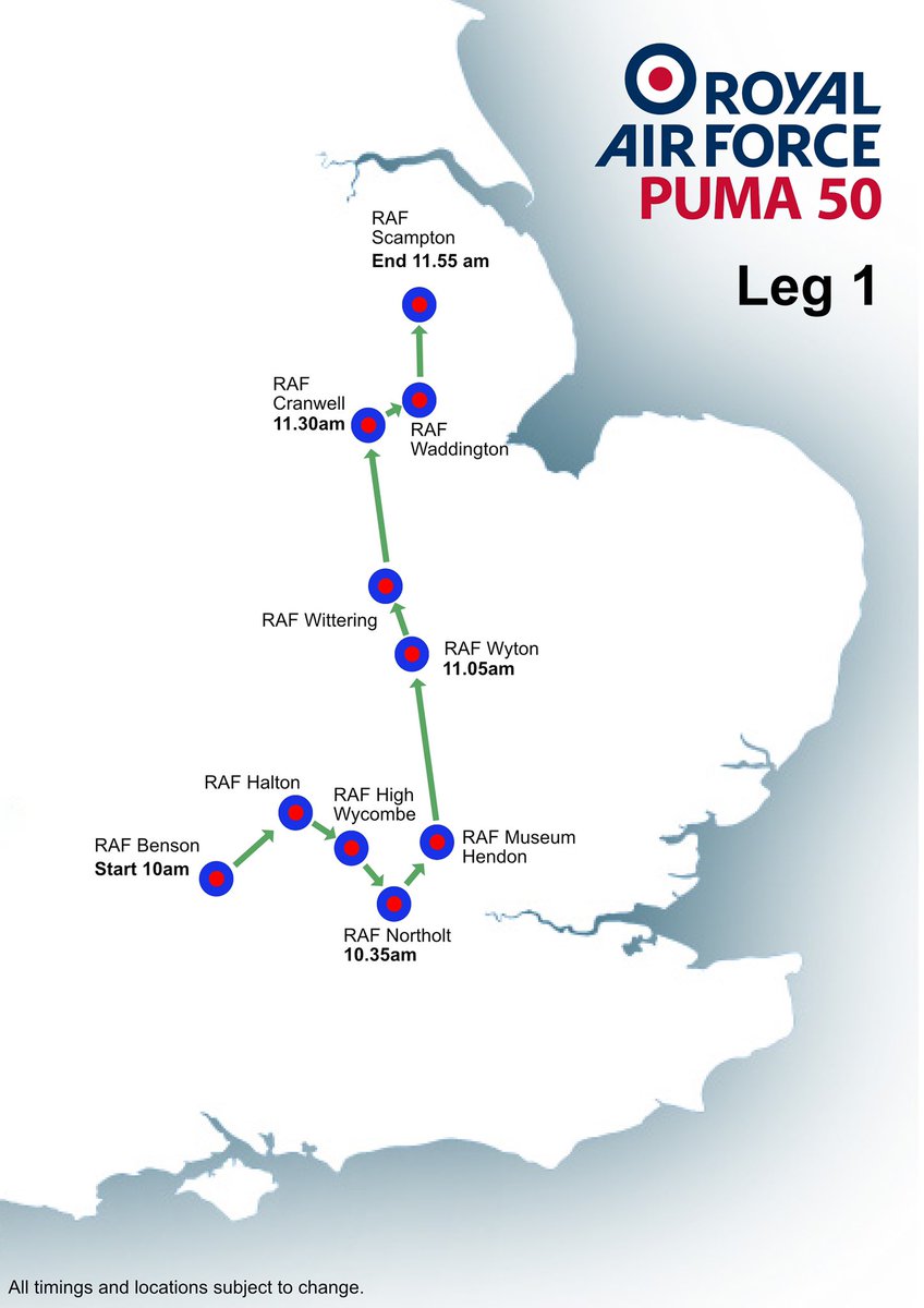 RAFBenson's tweet photo. Tomorrow (7 July) a formation of Puma helicopters will mark 50 years of @RoyalAirForce service with a flypast over various locations. 
 
The maps provide an illustrative example of the route and approx timings. 
 
They remain subject to change at short notice.
 
#Puma50 https://t.co/vtSpY9iMWP