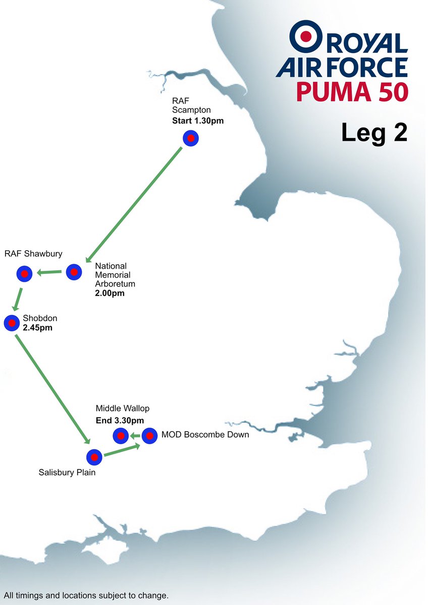 RAFBenson's tweet photo. Tomorrow (7 July) a formation of Puma helicopters will mark 50 years of @RoyalAirForce service with a flypast over various locations. 
 
The maps provide an illustrative example of the route and approx timings. 
 
They remain subject to change at short notice.
 
#Puma50 https://t.co/vtSpY9iMWP