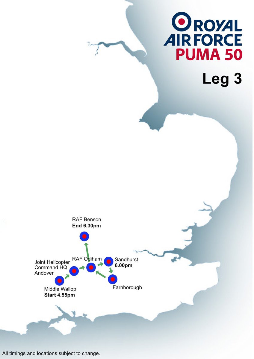 RAFBenson's tweet photo. Tomorrow (7 July) a formation of Puma helicopters will mark 50 years of @RoyalAirForce service with a flypast over various locations. 
 
The maps provide an illustrative example of the route and approx timings. 
 
They remain subject to change at short notice.
 
#Puma50 https://t.co/vtSpY9iMWP