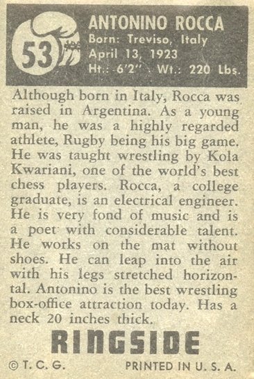 Number5TypeCard's tweet photo. Cards To See Before You Die: 1951 Topps Ringside #53 Antonio Rocca. His leaping pose on the front's equaled by his life story on the back. Rocca was so well-known, he even appeared on Superman #155.

#BucketCards https://t.co/KSHYmRDKlf