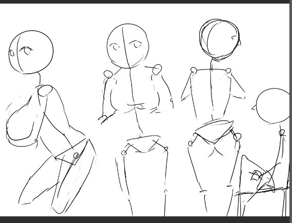 解剖学・運動学を学問として修めた身として、絶対にやりたくないのは、こういう図。
胸腰部の回旋可動域は40°とあまり広くはないのでこの構図はできない。
絵がうまい人でも胸とお尻を同時に見せようとしてやってることがあるから気をつけたい。
それを踏まえると今回は3人だから、こうなるかなぁ