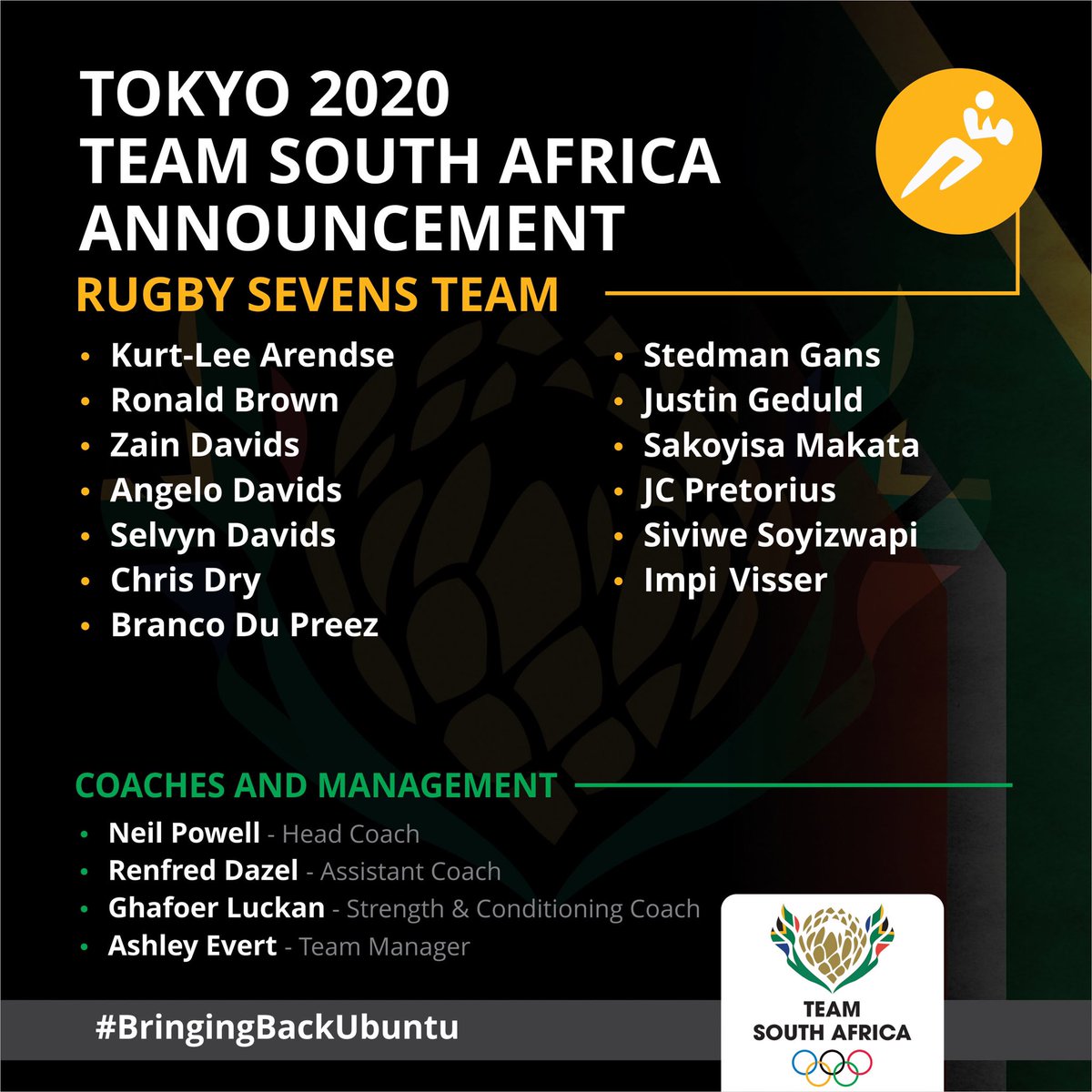 Your confirmed Rugby Sevens team to go for gold at #Tokyo2020

Congratulations gentlemen. <a href="/Blitzboks/">Springbok Sevens</a> 

#TeamSA
#BringingBackUbuntu