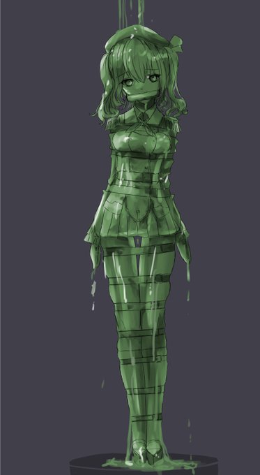 お題箱より「直立の姿勢で拘束されて固め液をかけられる鹿島」  #odaibako_kotogi2355 https://t.co/gkzJqCycfv 

緑の液体・石風味・金属風味・ノーマル
…固め液というより状態変化になったような? 