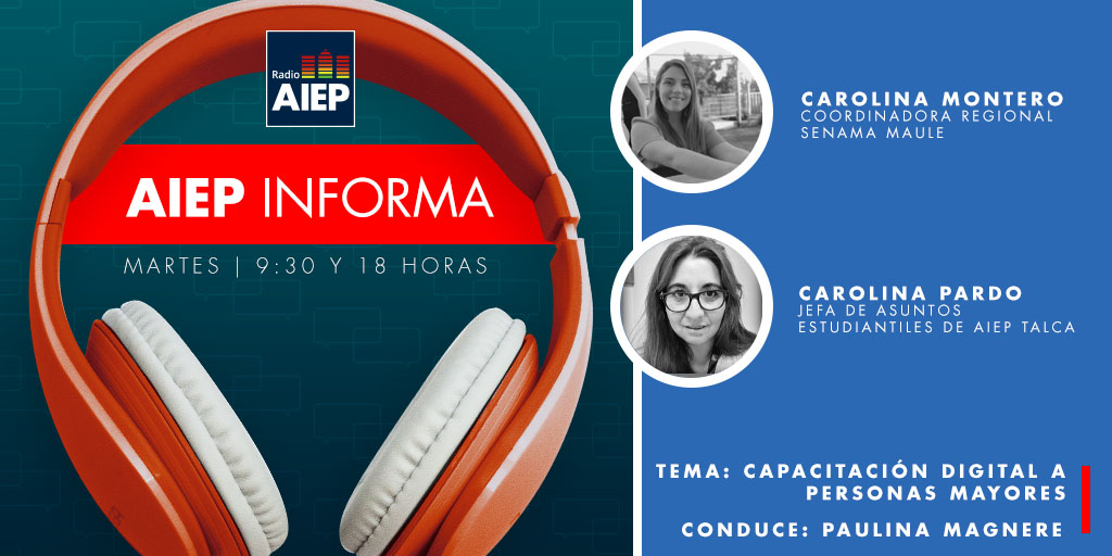 AIEP's tweet photo. #AIEPInforma🎙️ La jefa de Asuntos Estudiantiles de #AIEPTalca, Carolina Pardo, y la coordinadora regional de @SenamaMaule, Carolina Montero, abordaron la capacitación digital a adultos mayores, junto con @MagnerePaulina.
→ https://t.co/SRvtbtX77t https://t.co/vGFPDf0UDS
