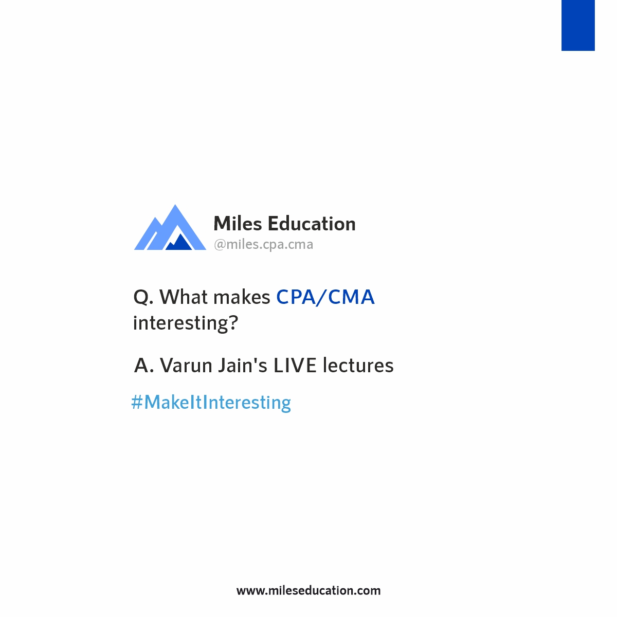 mileseducation's tweet photo. Adhik jaankari ke liye, visit https://t.co/eK0V3SOain 😄🎯

#MakeItInteresting #TopicalContent #MomentMarketing #USCPA #USCMA #MilesCPAProud #MilesCMAProud #MilesSuccessStories #MilesEducation #VarunJain @Social_Samosa https://t.co/PvhM8o7YoF