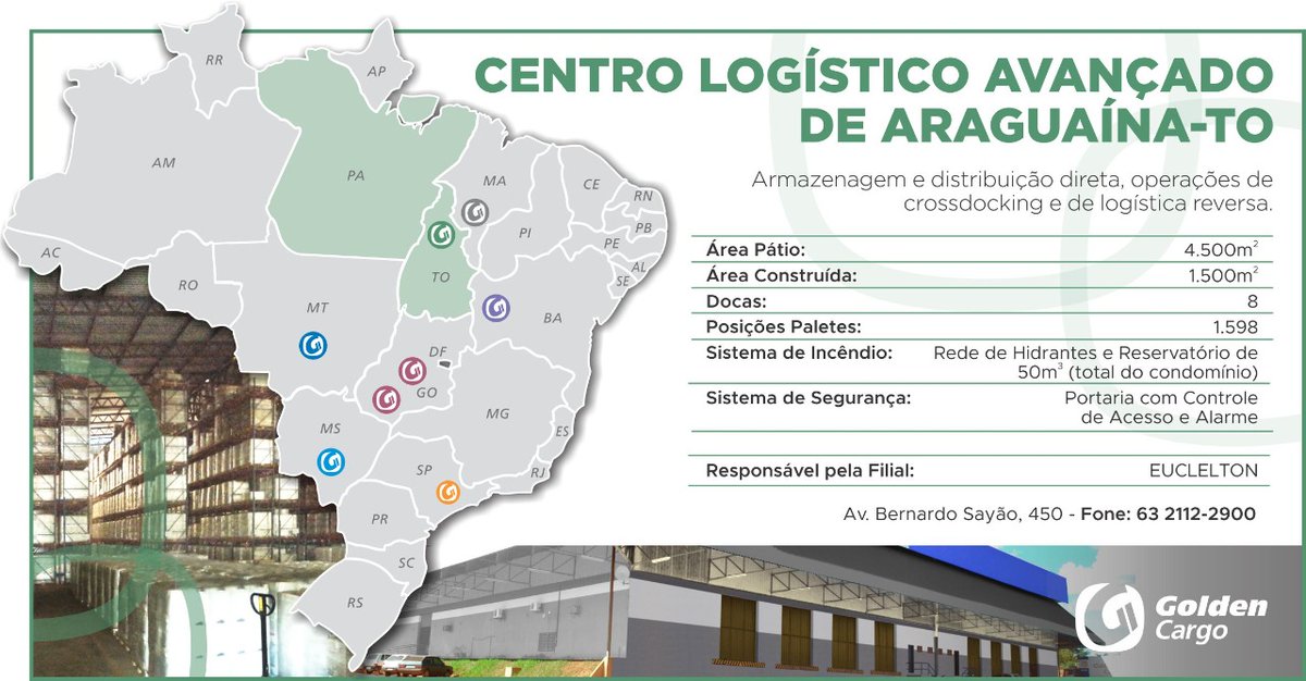 goldencargo's tweet photo. Conheçam nosso Centro Logístico em Araguaína/TO.
O nosso objetivo é oferecer serviços logísticos no Tocantins, sul do Pará e sudoeste maranhense.
Para mais informações, contate a nossa equipe comercial, através do telefone 11.2133-8873.
#GoldenCargo #OperadorLogistico https://t.co/jRYQAFoXf9