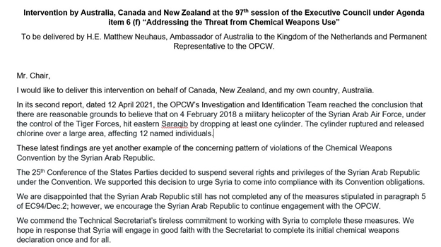 CanadaOPCW's tweet photo. Statement by Australia, Canada and New Zealand under Agenda Item 6 (f) “Addressing the Threat from Chemical Weapons Use”
#EC97 #ChemicalWeapons #Syria https://t.co/dnbXPlSmmC