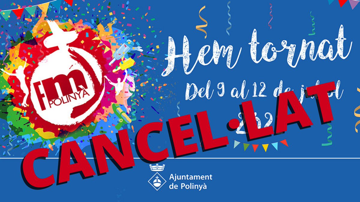 AjPolinya's tweet photo. 🔴 COMUNICAT SOBRE LA #FMPolinya21
S'anul·la la Festa Major ateses les noves mesures de contenció de contagis de la Covid-19 anunciades avui pel Govern de la Generalitat.
Llegeix el comunicat complet➡️https://t.co/ZlZHqaYJgm
#Polinyà https://t.co/0wj4S3RUmT