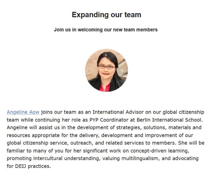 Congrats to AIELOC member <a href="/angeaow/">Angeline Aow (she/her)</a> on her new role at <a href="/CISEducation/">Council of International Schools</a> #intlELOC