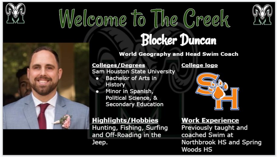Welcome to <a href="/MCHS_Rams/">RamNation</a> Coach Duncan! We are excited to have you join our WGeo team and Swim Team! <a href="/maydecreekswim/">MCHS Swim Team</a> 🏊‍♂️🐏🌏