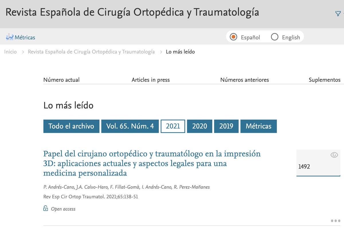 Nuestro artículo de revisión sobre #3dprinting es el más leído (de momento) en 2021 en la Revista Española de Cirugía Ortopédica y Traumatología <a href="/secotsecot/">@secotsecot</a> 

Hay bastante interés en implementar la tecnología en hospitales y servicios de COT!

elsevier.es/es-revista-rev…

#3DCOT