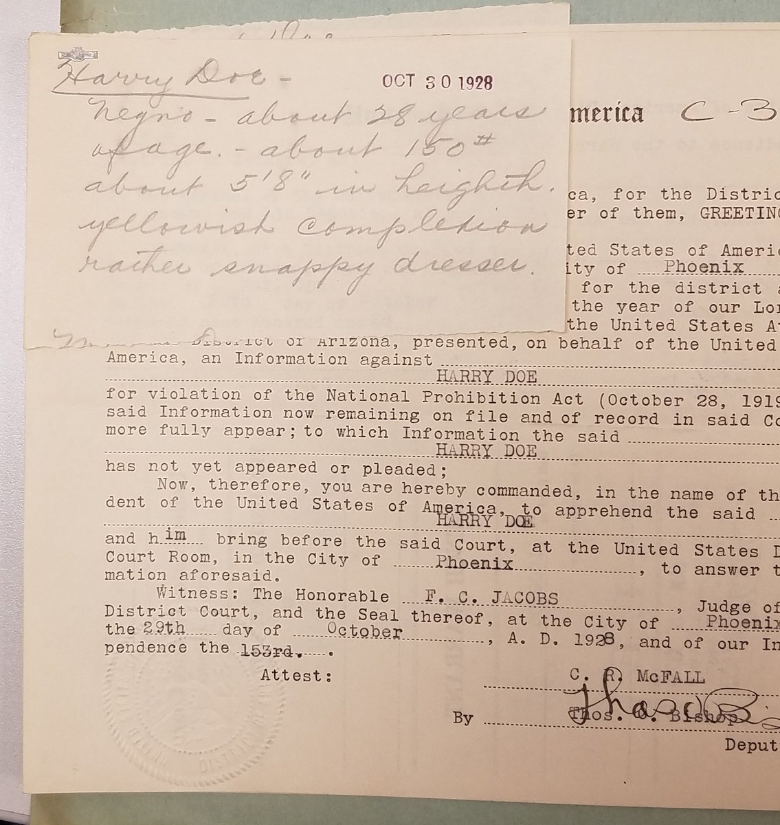 NARiverside's tweet image. 1928, Harry Doe’s description made us say #ArchivesWaitWhat. Phoenix #prohibitionera agent Walter Patterson noted the suspect was a “rather snappy dresser.” Can’t beat that. Glad they filed it in the criminal case. BTW, Harry got away.