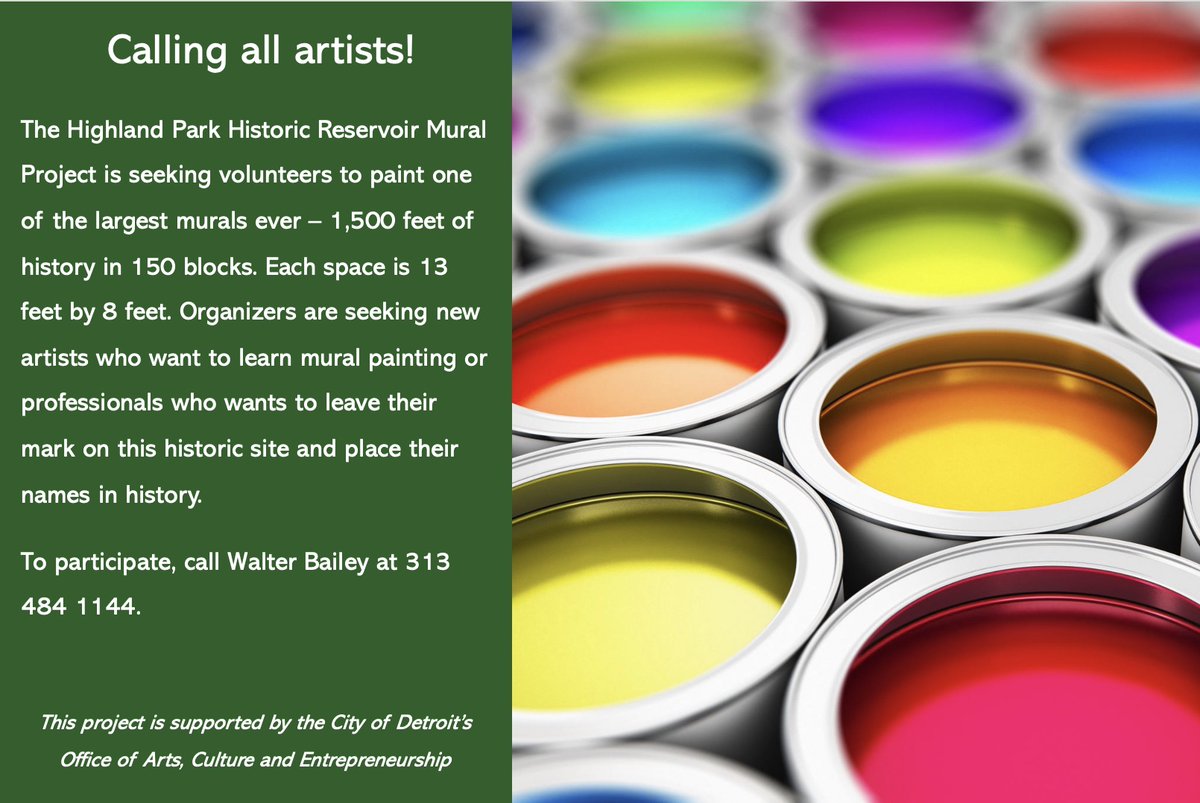 The Highland Park Historic Reservoir Mural Project is seeking volunteer artists to paint one of the largest murals ever – 1,500 feet of history in 150 blocks. Your space, your vision to help tell the history of Detroit and Highland Park. Hurry and grab your block! <a href="/FOX2News/">FOX 2 Detroit</a> <a href="/AP/">The Associated Press</a>