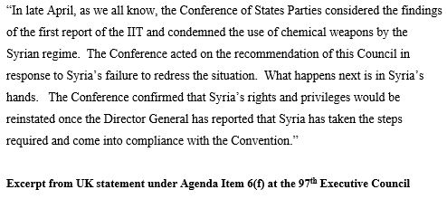 UK_OPCW's tweet photo. In our intervention on #Syria at #EC97 today, the UK called again for Syria to come into compliance with the Chemical Weapons Convention. #OPCW https://t.co/IvPtkB9vOt