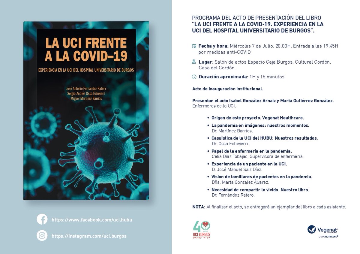 Mañana día 7 de Julio a las 20:00 en la Casa del Cordón presentaremos nuestro libro "La UCI frente a la COVID-19". Un acto que pretende ser un homenaje a nuestros pacientes, a sus familias y el reconocimiento a nuestros trabajadores.
