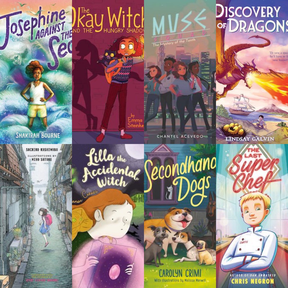 #bookbirthday for the #middlegrade #novels.  Josephine Against the Sea by @shakirahwrites. Okay Witch and the Hungry Shadow by @emsteinkellner. The Mystery of the Tenth by @chantelacevedo. A Discovery of Dragons by @LindsayGalvin. Temple Alley Summer by #sachikokashiwaba.