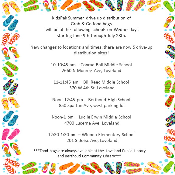 KidsPakCO's tweet image. KidsPak Grab &amp;amp; Go food bags will be distributed on Wednesdays through July 28th.  
Please note new locations and times, there are now 5 drive-up distribution sites!