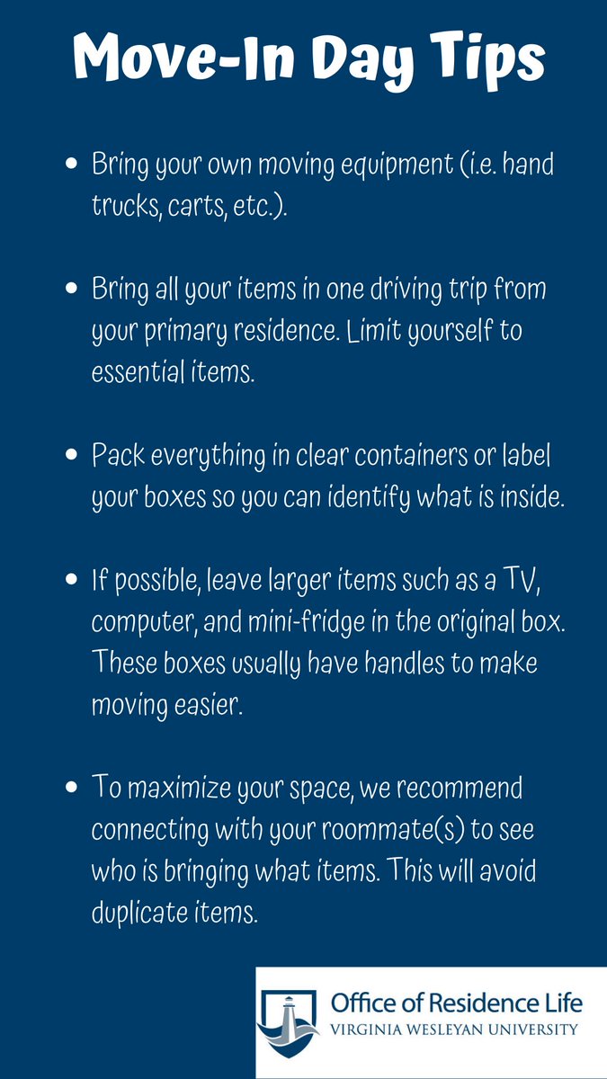 VWU_ResLife's tweet photo. #TipTuesday to prepare for move-in day. #VWU25 #LiveOnVWU https://t.co/WwMeskGvAx