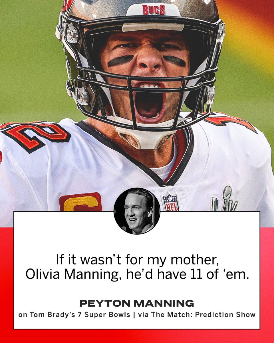 espn's tweet image. Peyton says if it wasn't for him and Eli, Tom Brady would have double digit Super Bowl rings 🤯