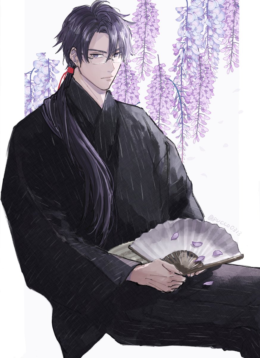 1boy male focus hand fan japanese clothes solo wisteria glasses  illustration images