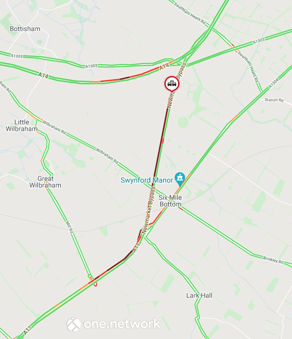 Cambs_Traffic's tweet photo. ⚠️ #A11 northbound between #A1304 for #SixMileBottom and #A14; ALL lanes CLOSED due to a road traffic collision. Please expect delays and allow extra time for your journey. https://t.co/uZvlxvhEC3