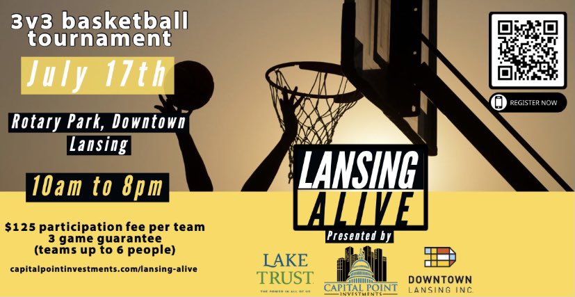 CapitalPointIn1's tweet image. There’s still time and there’s still a few more openings! Sign up to play in our 3v3 basketball tournament in @downtownlansing! Join a fun day for #LansingAlive!