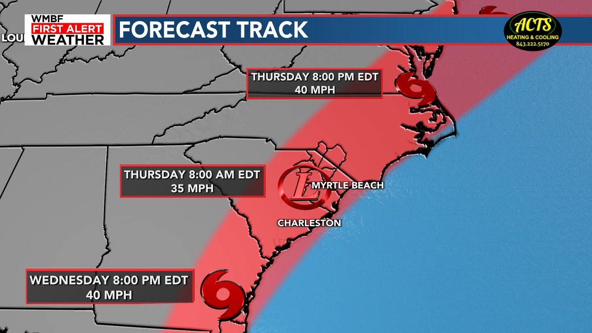 AndrewWMBF's tweet photo. New Advisory for Elsa keeps the strength of a tropical storm a little bit longer before a depression for the Carolinas. Latest track has the center of the storm right over top of us by 8 AM. #scwx @wmbfnews @jamiearnoldWMBF https://t.co/2NWrhUgItW