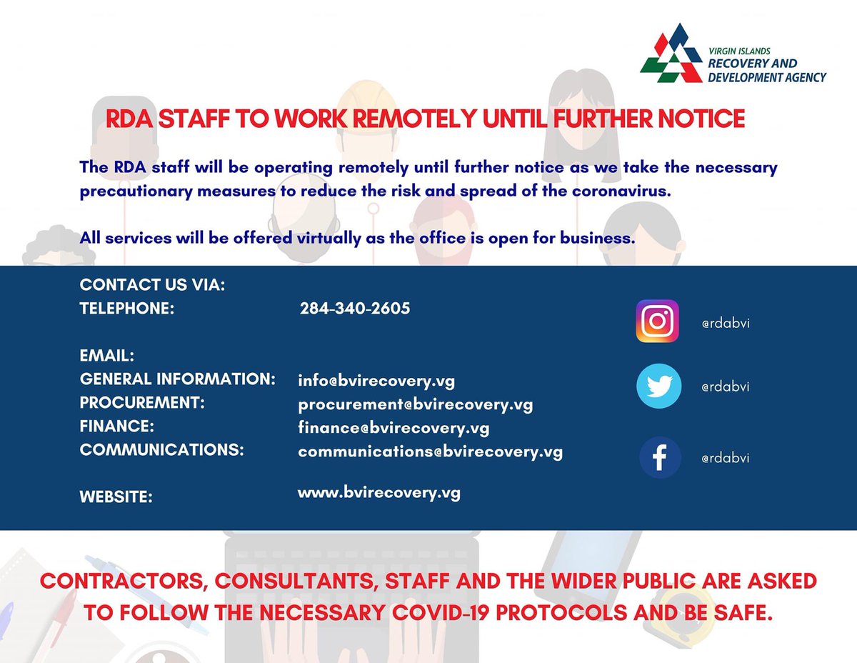 Important Notice! 

The RDA staff  is open for business but will be working remotely until further notice.

During this time it is important that we follow the necessary COVID 19 protocols and be safe.

For details on how to stay in touch with us see below.