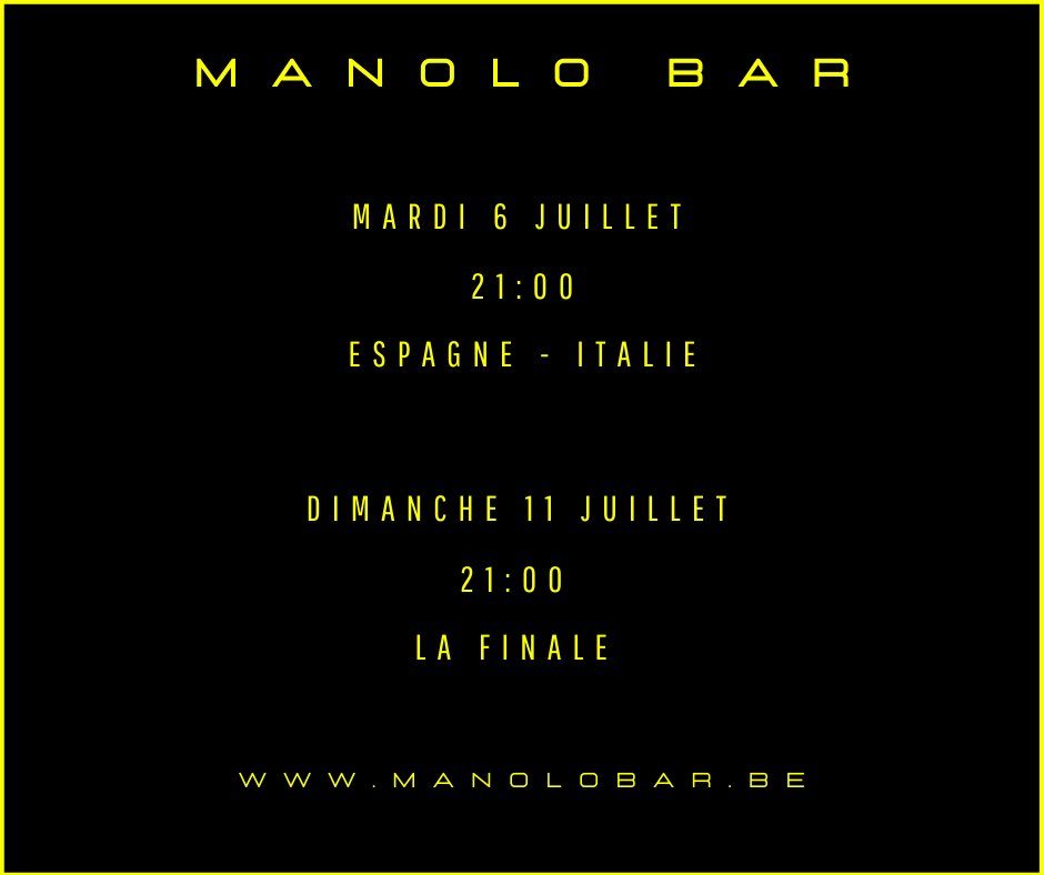 Manolobar_be's tweet photo. Ce mardi 1/2 Finale Espagne🇪🇸 - Italie🇮🇹.
⚠️⚠️Spritz à 5 € et Stella a 1,50 € TOUTE LA SOIRÉE.⚠️⚠️ 
Restauration jusqu’à 2️⃣0️⃣:3️⃣0️⃣ .
(Planches-Pâtes-Piadine)
Nous serons ouverts ce dimanche pour la Finale. https://t.co/WvflVPAcUX
