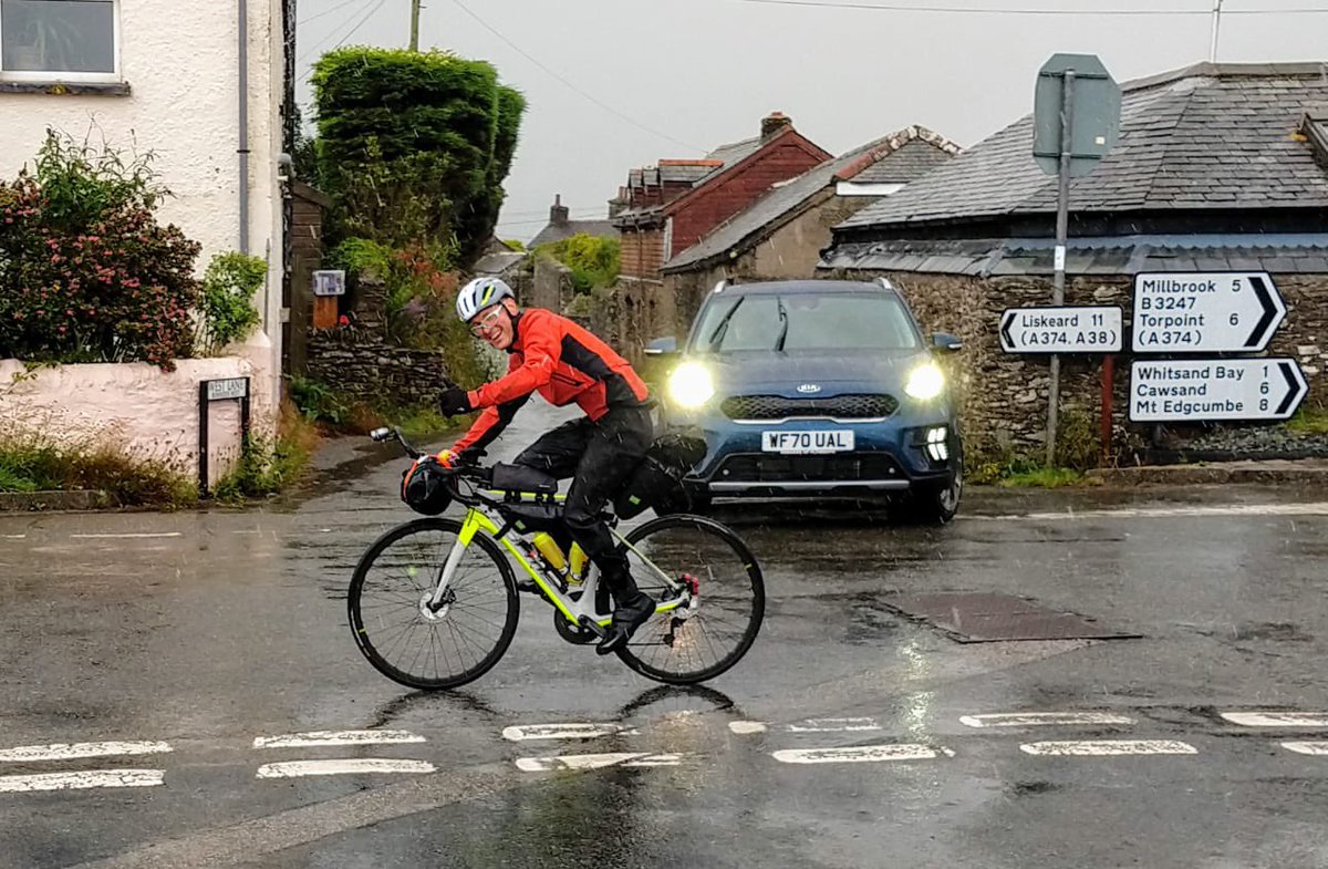 callingtoncycle's tweet photo. Pan Celtic Race. Tough first 2 days. Day 1 116 miles 13,000 ft climbs lots over 20% Day 2 143 miles 10,000 ft 7 hours in pouring rain but Pete is on target heading for Salisbury. #PanCelticRace2021 #callingtoncycles #cornwall #cyclinguk https://t.co/LUV2u55b3w