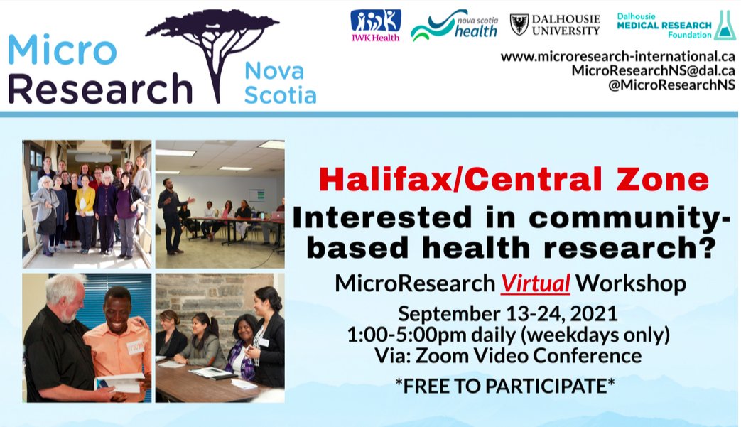 MicroResearchNS (@microresearchns) on Twitter photo Are you living in the Central Zone and are interested in learning about community health research? Join us for MicroResearch NS - a FREE virtual workshop series aimed at building capacity for community-based research. Email MicroResearchNS@dal.ca for more info! Are you living in the Central Zone and are interested in learning about community health research? Join us for MicroResearch NS - a FREE virtual workshop series aimed at building capacity for community-based research. Email MicroResearchNS@dal.ca for more info!