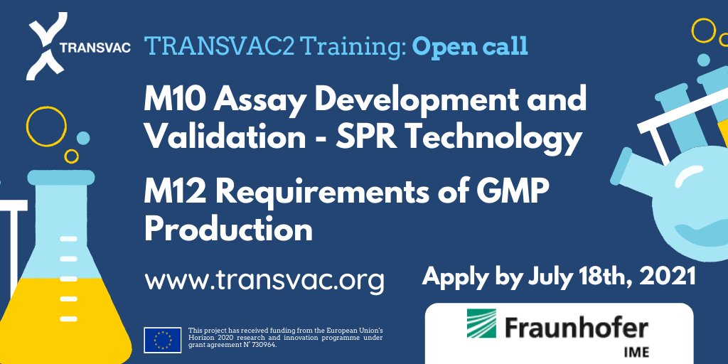EuropeVaccine's tweet photo. Keen on furthering your skills in vaccine development?
📢Open call for #TRANSVAC2 #training!
Get training from experts in the field!💥

M10 SPR-based assays in #vaccine research
M12 Requirements of #GMP vaccines production
✍🏻Apply by July 18th at https://t.co/crWxOV5KCb https://t.co/9httW406EY