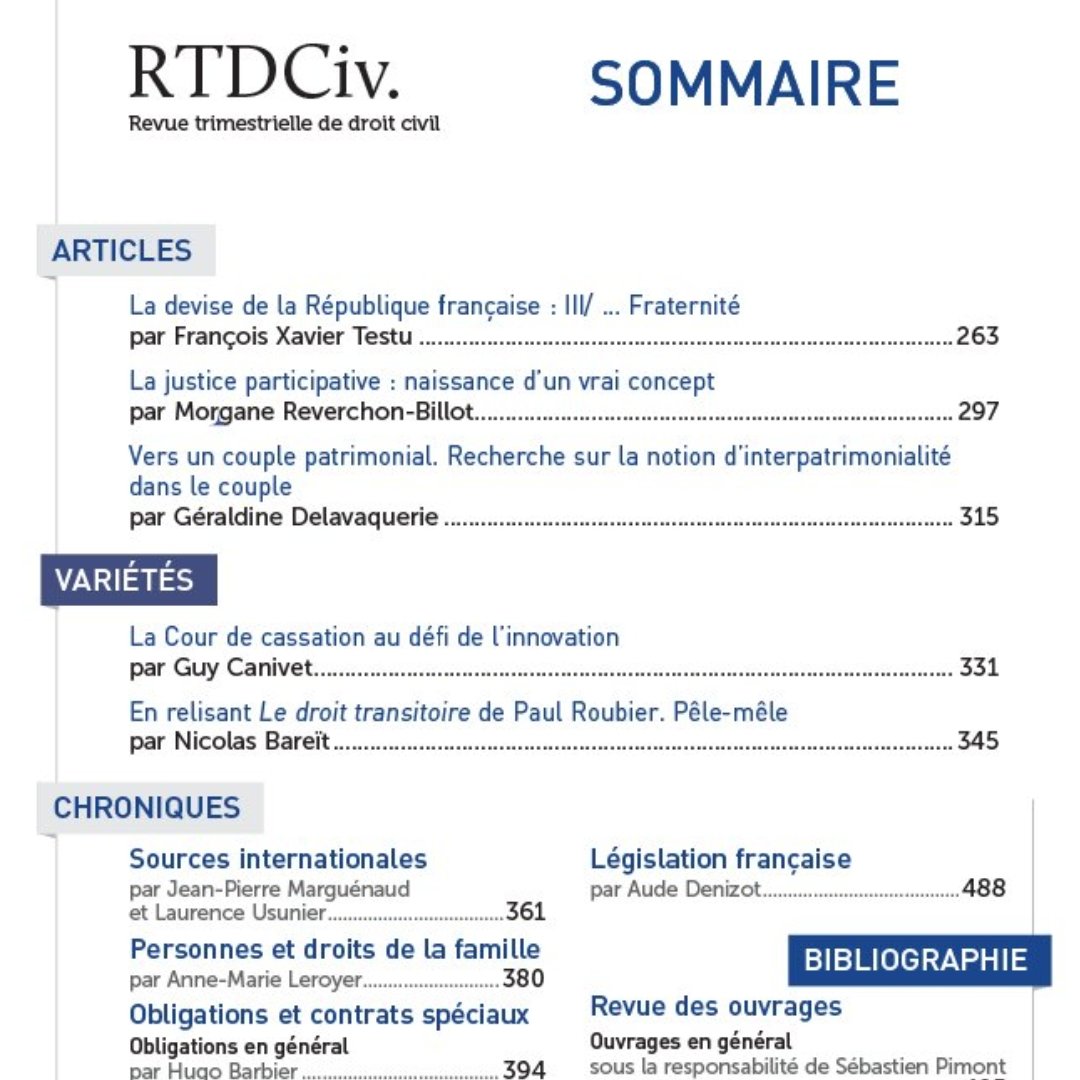EaErdp's tweet photo. [PUBLICATION] 
Morgane Reverchon-Billot, "La justice participative : naissance d'un vrai concept", RTD civ. 2021, p. 297. #droit #justice #procedure #erdp @Dalloz https://t.co/KzmWYy3zNj