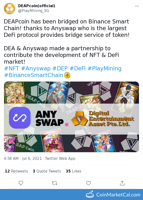 cmcal_bot's tweet photo. 🆕 New DEAPCOIN $DEP event! 
 
06 July 2021 
BSC Integration  
 
Source: https://t.co/ylmU4iYfjr https://t.co/SepujFu3mJ