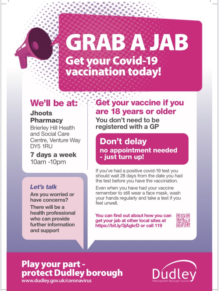 Jhoots pharmacy in Brierley Hill Heath and Social care Pharmacy are vaccinating over 18’s 10-4pm everyday .. no appointment needed! Just walk in! <a href="/dudleymbc/">Dudley Council</a> <a href="/DudleyIzone/">Izone Dudley</a> <a href="/DudleyCVS/">Dudley CVS</a> <a href="/HWDudley/">Healthwatch Dudley</a> @IHCDudley