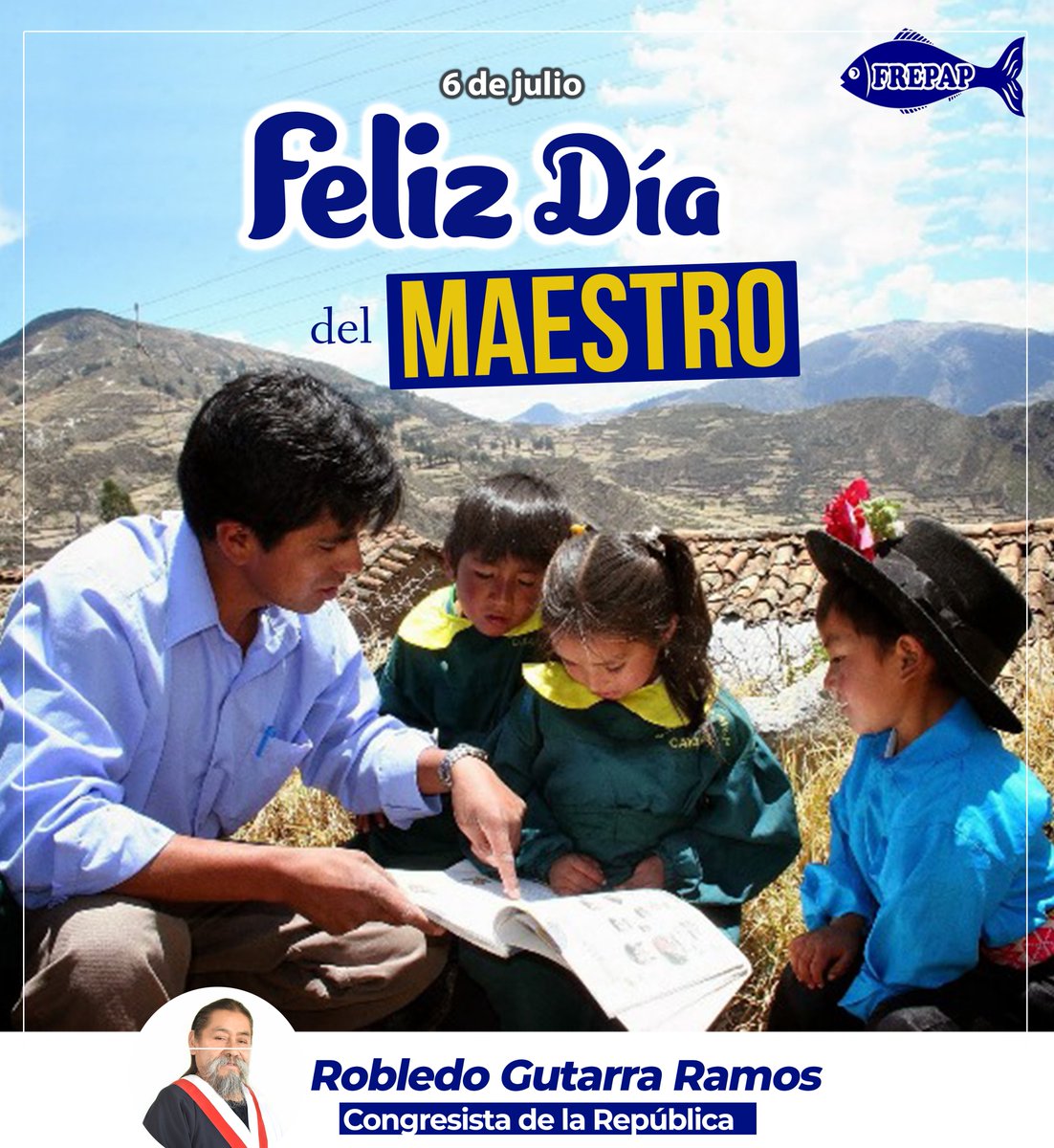RobledoGutarra's tweet photo. En esta fecha tan especial, deseo expresar todo mi reconocimiento por el esfuerzo y dedicación a todos los profesores y profesoras del país, quienes son un pilar muy fundamental para el desarrollo de nuevos conocimientos en las generaciones de niños y jóvenes en el Perú. https://t.co/MCvmWXEFBo