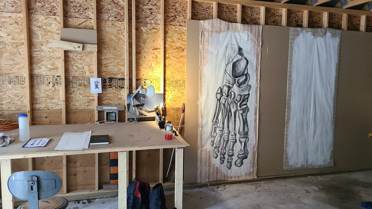 seantheartguy's tweet photo. Great to be back in my summer #studio. Back to working on my large scale bone #drawing #mixedmedia #art #painting #upcycle https://t.co/wCRDFmqIY4