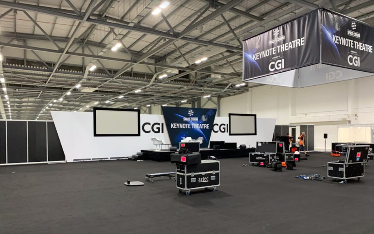 AztecEventsUk's tweet photo. Under construction: Keynote theatre π¨
Show: @SpaceCommExpo π
Location: @Farnborough_Int π
Show day: Tomorrow ππ
#spacecomm2021 #expo #spaceexpo #audiovisual #eventtech https://t.co/RHwV56Gp12