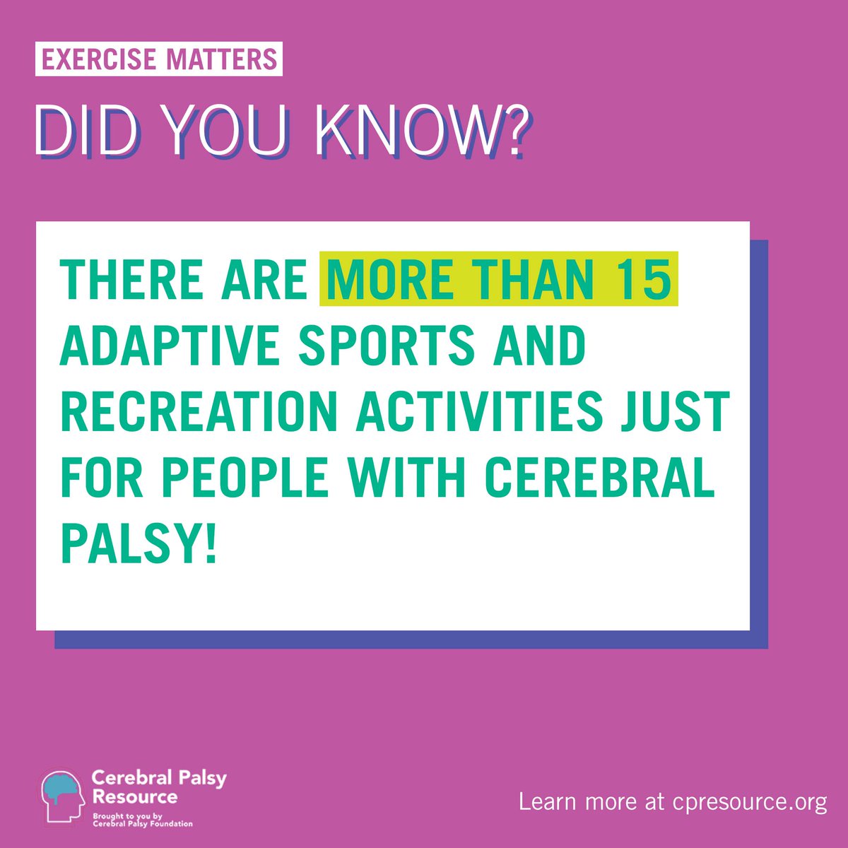 yourcpf's tweet photo. Getting active through #adaptivesports is especially important for people with #cerebralpalsy to increase strength &amp; mobility! 

Find facts, tips, videos + more to help get the most out of exercising with a disability: https://t.co/830t7aSYHo 

#CPAwareness #CPResearch #Workout https://t.co/EEwKksAtNU