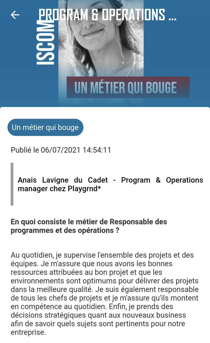 CcilMontigny's tweet photo. @anaislavigne prend la parole dans la rubrique "Un métier qui bouge" sur @iscom Anytime. Rendez-vous sur l'application pour découvrir l'interview complète d'Anaïs, Program &amp;Operations Manager chez @playgrnd #partage #avenir https://t.co/ndWH2EL0lE