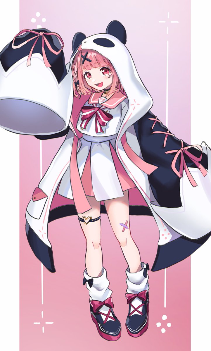 sasaki saku 1girl solo pink hair skirt animal hood hood smile  illustration images