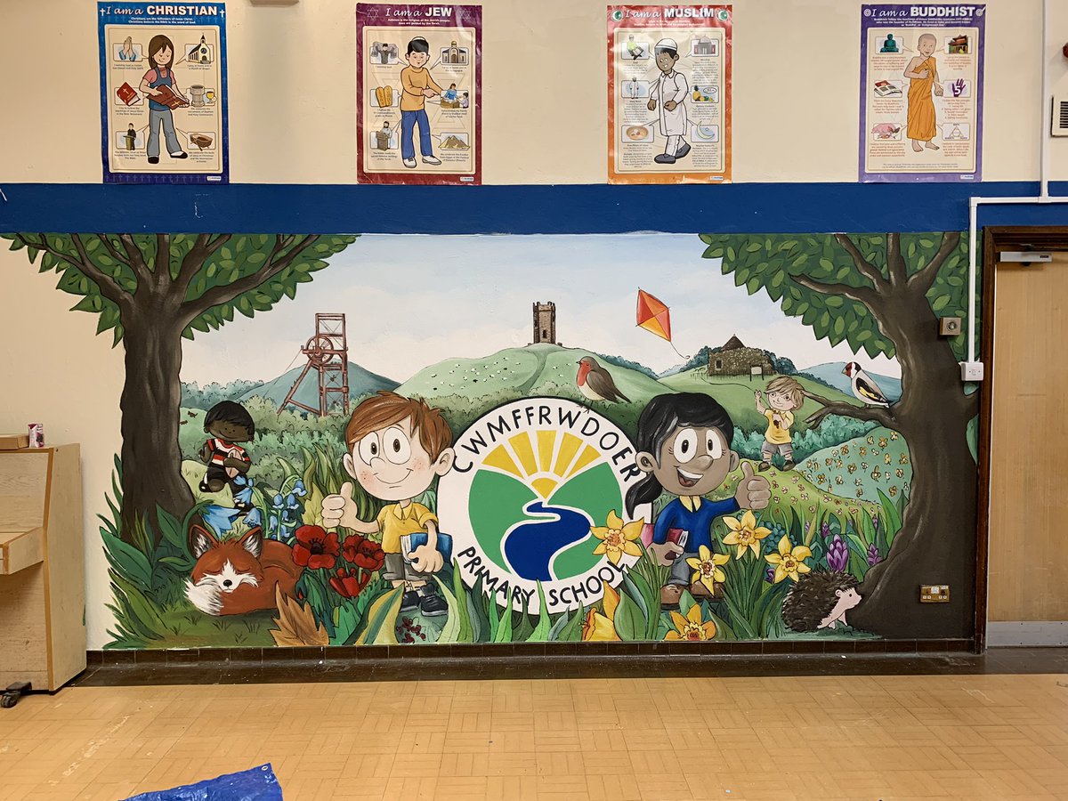 Finished painting a mural today for <a href="/cwmffrwdoer/">Cwmffrwdoer Primary</a> based on the school and it’s local area