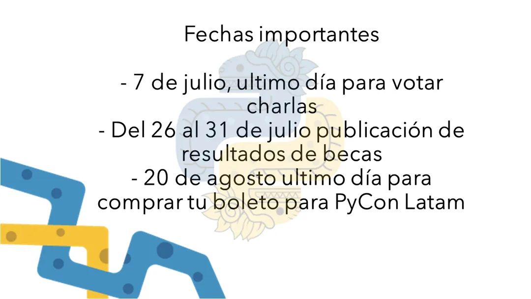 📣 ¡Fechas importantes! 📣 

#PyCon #PyConLatam21 
#PyLatam #Python