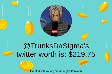 TrunksDaSigma's tweet image. My Twitter worth is: $219.75

Find yours with roundfun.me/twitterworth

⠀