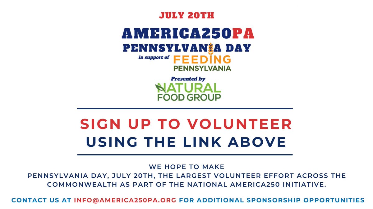 Make a difference on #PennsylvaniaDay by joining America250PA, <a href="/FeedingPA/">feedingpa</a> and the Natural Food Group and #volunteering at your local food bank this July 20th. 

Sign up here and make a difference: forms.gle/VoCPBCq8xmTaFy… 🇺🇸

#EPIC #PAProud #America250PA #PADay