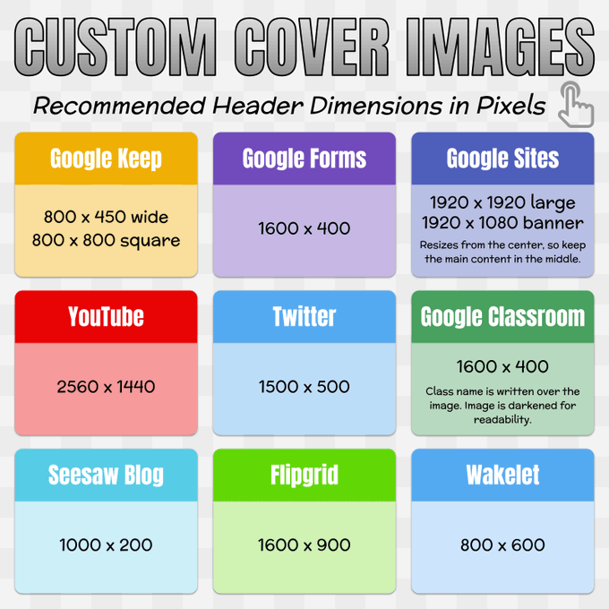 KATE_MSU's tweet photo. This chart lists the recommended header sizes for sites and services you might use. A #ClassyCreations created by @tonyvincent.

When creating custom headers, change the page or canvas size to the recommended dimensions in pixels. #eduKATE https://t.co/ZU1JV8DhkO