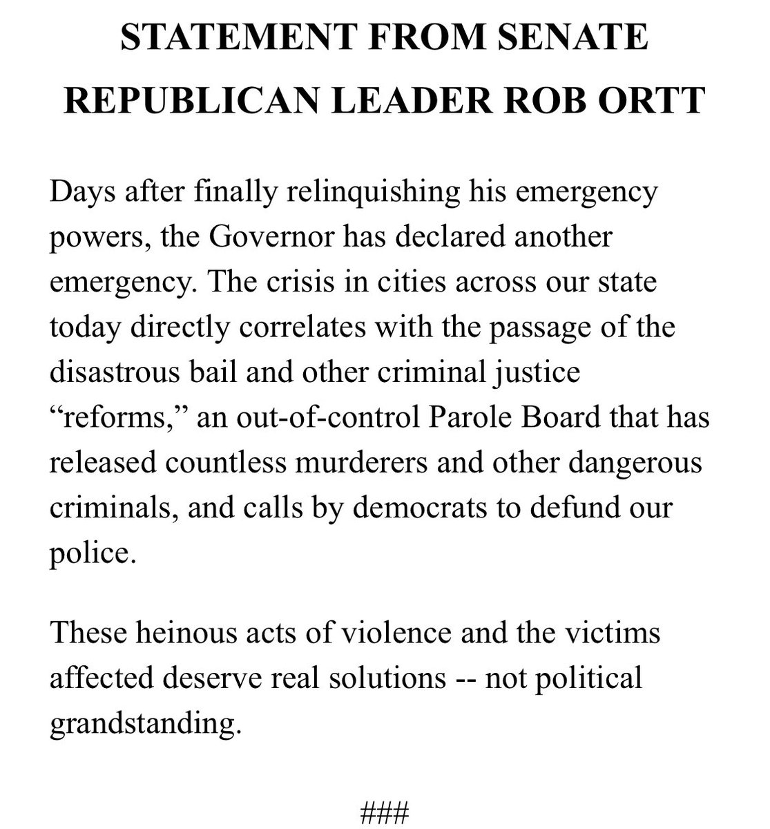 SenatorOrtt's tweet photo. See my statement on the Governor’s new State of Emergency declaration below: https://t.co/tTLb53cwr4